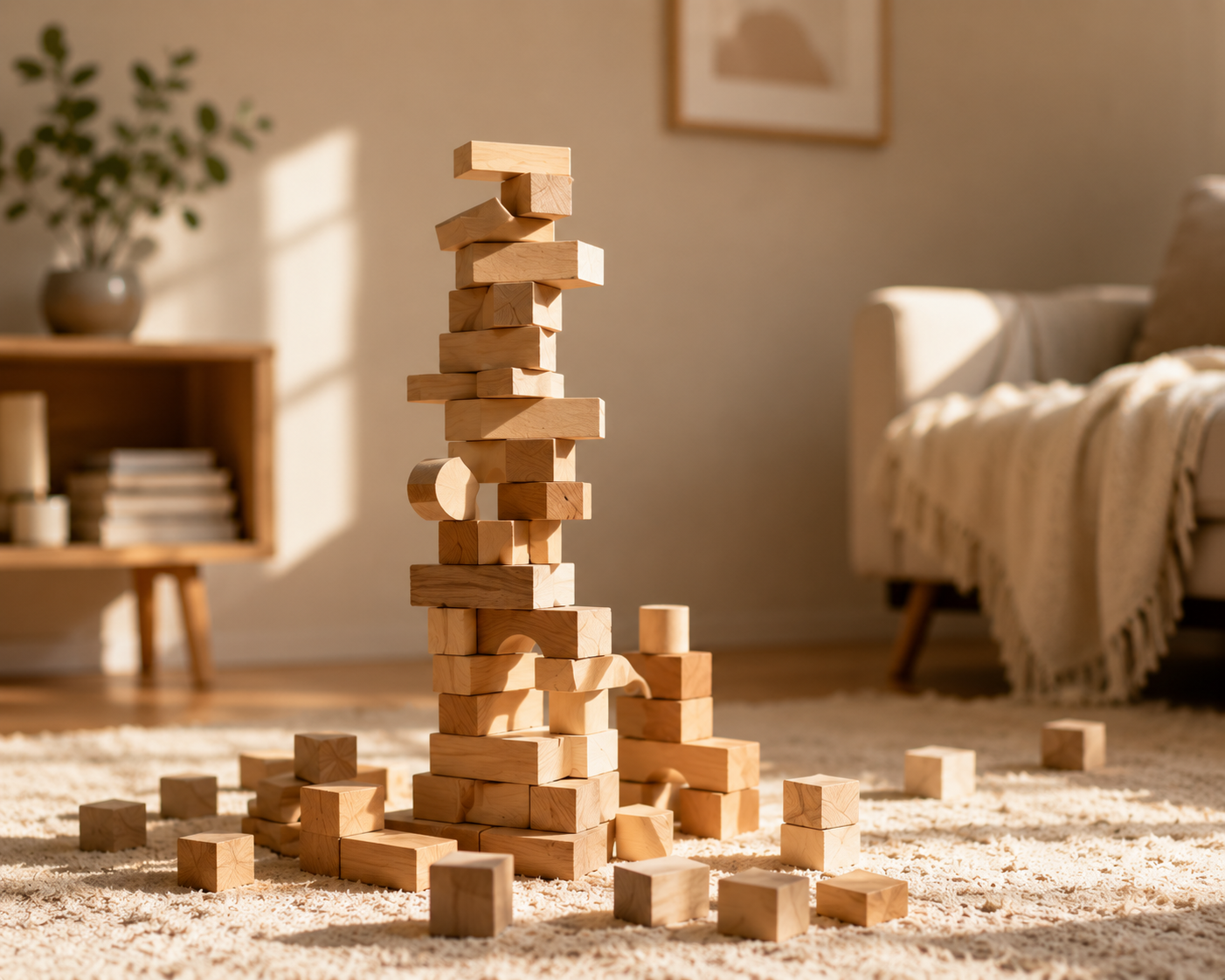 A tall, wobbly tower of wooden blocks mid-build on a rug in a sunlit living room